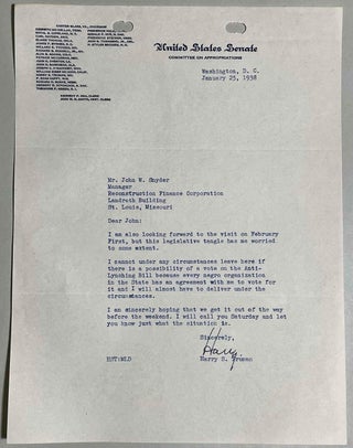 Item #194898247270 Harry Truman Signed Letter Referencing Anti-Lyching Bill. Harry S. Truman