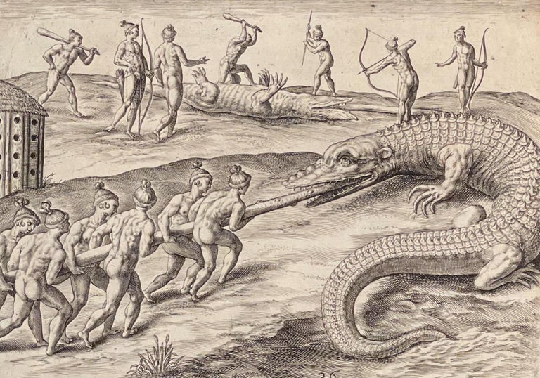 Item #204122435007 Killing Crocodiles Engraving. Theodor De Bry.